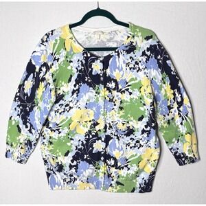 Talbots Cardigan Sweater Sz L Blue Floral 3/4 Retro‎ Cottage Rockabilly Grandma